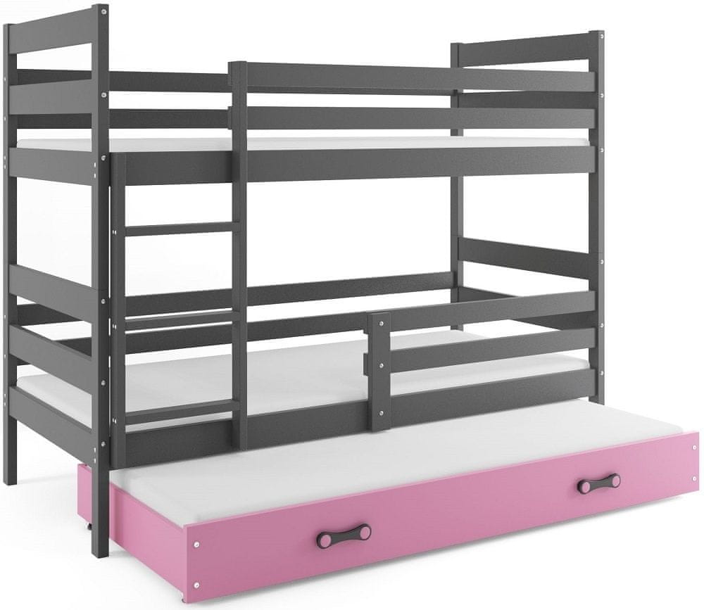 eoshop Poschodová posteľ s prístelkou ERYK 3 80x160 cm, grafitová/ružová (Voľba matraca: Penový matrac)